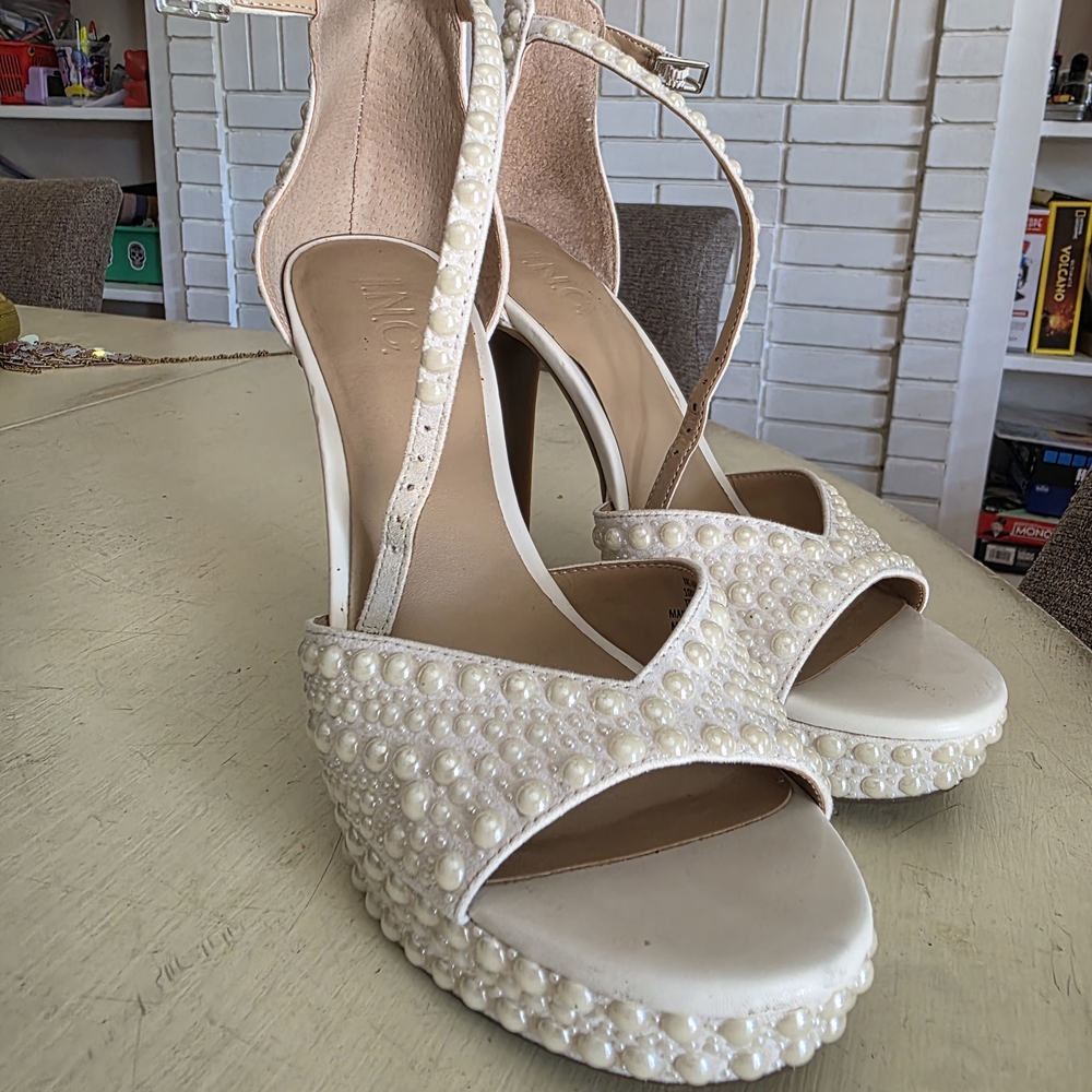 Pearl Cream Strappy Heels with Embellishments